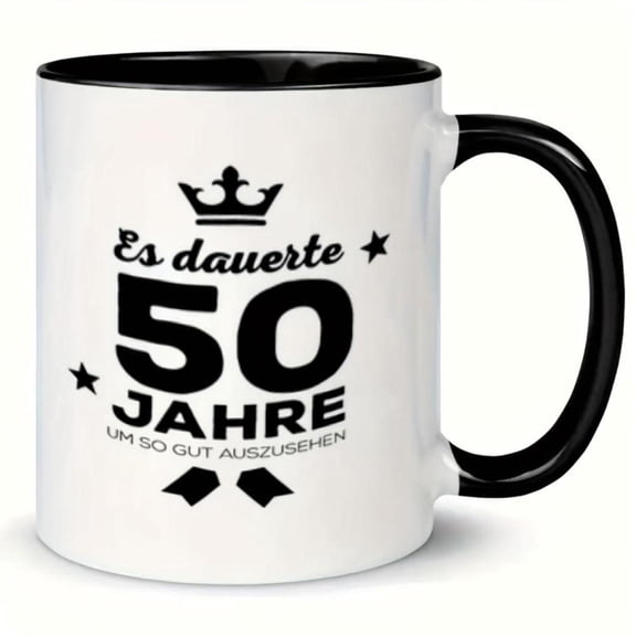 1pc Crown 50th Birthday Mug 11oz Ceramic Coffee Cup with Black Handle Golden Crown Stars Design 50 Text Summer Winter Drinks Ideal Birthday or Holiday Coffee Bar Accessories Coffee