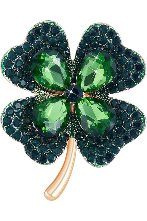 1pc Cubic Zirconia Clover Brooch Pin Golden Alloy Badge for Backpack Clothes Green 42x50mm