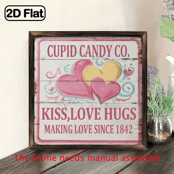 1pc, Cupid Candy Kiss Love Hugs Rustic Farmhouse Wood Framed Sign, Vintage Wall Art for Bedroom, Kitchen, Bathroom, Office, and Living Room, Perfect for Home Decor or Housewarming Gift 8*8in