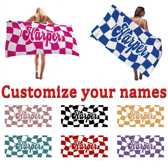 1pc Custom Checkered Name Towel Personalized Wavy Checker Beach Towel, 30" x 60" Quick Dry Microfiber Pool Towel, Customized Monogrammed Summer Towel for Adults, Ideal Beach Travel Gift