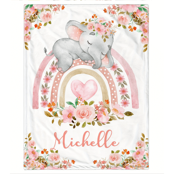1pc Custom Name Floral Pink Elephant Blanket - Soft Flannel Lightweight Throw for Sofa, Bed, Travel & Camping - Machine Washable All-Season Cozy Gift for Friends & Family, Personalized Blanket
