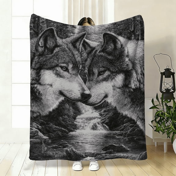 1pc Custom Name Two Wolves in Forest Ultra-Soft Lightweight Blanket - Personalized Text/Name, Wolf Pine Tree Design, All-Season Cozy Warm Throw for Camping, Travel, Bed, Sofa, Office