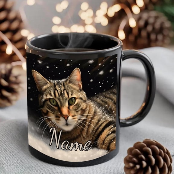 1pc Customizable Snowy Mug Personalized Name 11oz Durable Black Ceramic Coffee Cup with Cute Cartoon Design Birthdays Anniversaries Hot Cold Drinks Ju