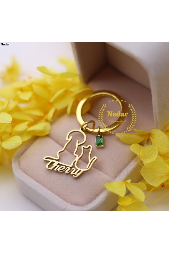 1pc Customized Name Birthstone Keychain Pet Dog Cat Stainless Steel Nameplate Custom Animal Engraved Letters Keyring Gift