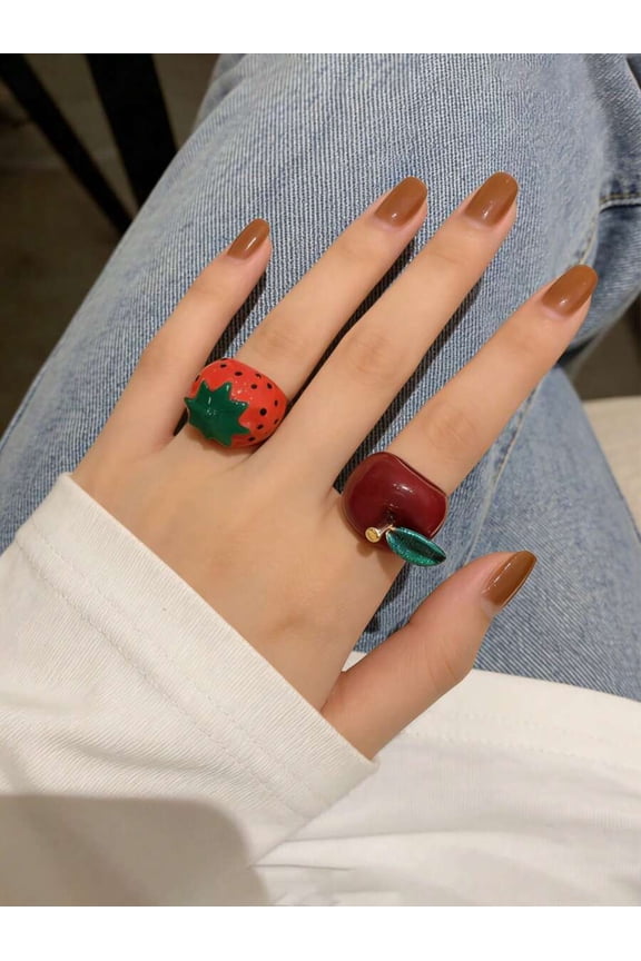 1pc Cute 3D Strawberry Resin Ring For Women Daily Wear