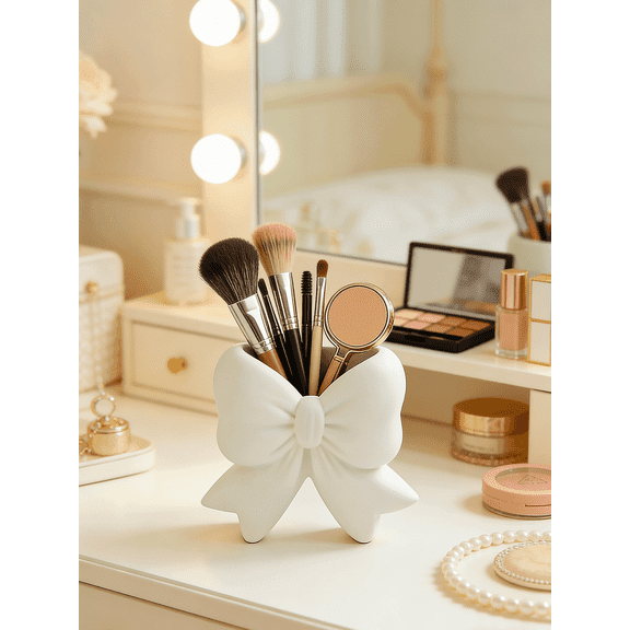 1pc Cute Bow Shaped Nordic Style Vanity Makeup Brush Holder High Performance Multifunctional Pen Cup Decor Elegant Makeup Brush Organizer Suitable For Girls Stu