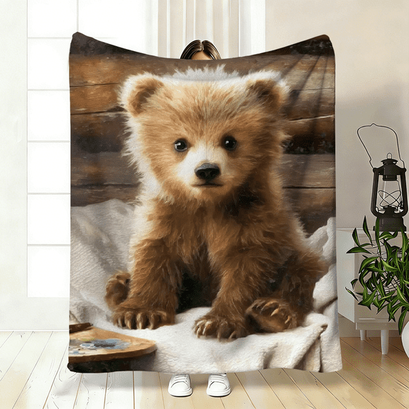 1pc Cute Brown Bear in Wooden House Blanket - Soft Flannel Bedspread with Cozy Bear Tree Print, Warm Bed Cover for ' Bed, Sofa, Travel.