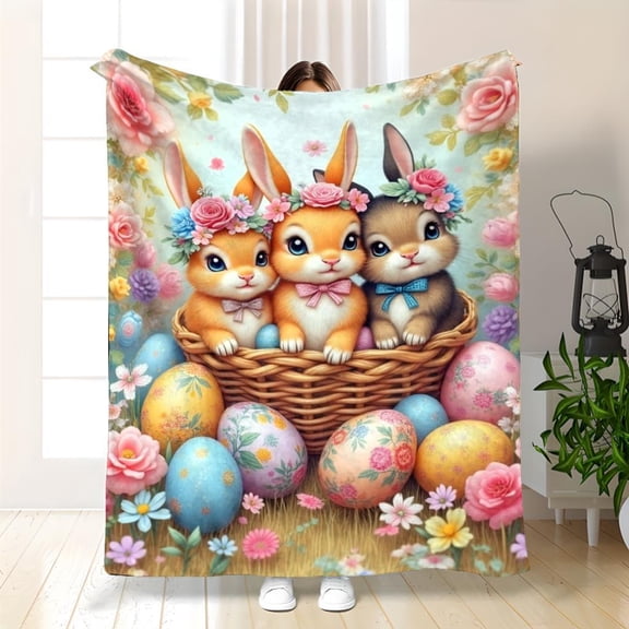 1pc Cute Bunny Egg Multicolor Blanket - Soft HD Flannel - Cozy Throw Suitable for Bed, Couch,, Easter Gift, Showers & Spring Decor