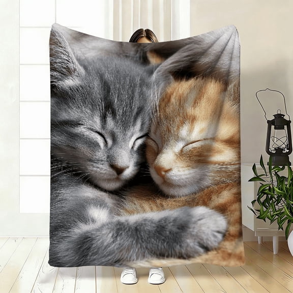 1pc Cute Cat Couple Sleeping with Hug Custom Name Portable Blanket-Lightweight Home Furnishings Bedding Blanket Suitable for Travel Camping Living Rooms Offices Sofas Chairs and Beds-Soft and Warm