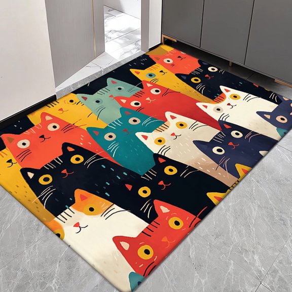 1pc Cute Cat Print Flannel Door Mat - Soft, Non-Slip, Machine Washable Mat for Kitchen, Living Room, Bedroom, Bathroom & Laundry Room Decor, Vibrant Colors, 0.47inch Thickness, Washable Area Ma