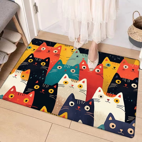 1pc Cute Cat Print Flannel Door Mat - Soft, Non-Slip, Machine Washable Mat for Kitchen, Living Room, Bedroom, Bathroom & Laundry Room Decor, Vibrant Colors, 0.47inch Thickness, Washable Area Ma