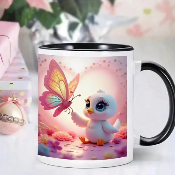 1pc Cute Chick Print 11oz Ceramic Mug Durable White Coffee Cup with Black Handle Birthdays Anniversaries and Kitchen Themed Gifts Ideal Hot Cold Bever