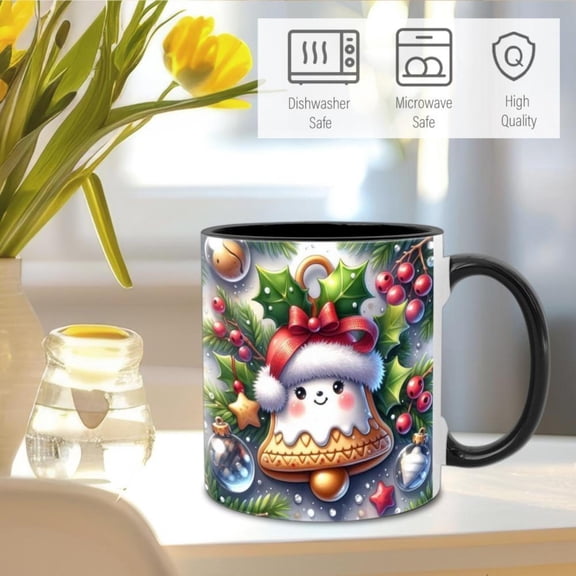 1pc Cute Christmas Bell 11oz Ceramic Mug with Santa Hat Holly Berry Cartoon Design Vibrant Red Green Holiday Coffee Cup Home Office Coffee Shop Use Durable Christmas Halloween Thanksgiving Birthdays