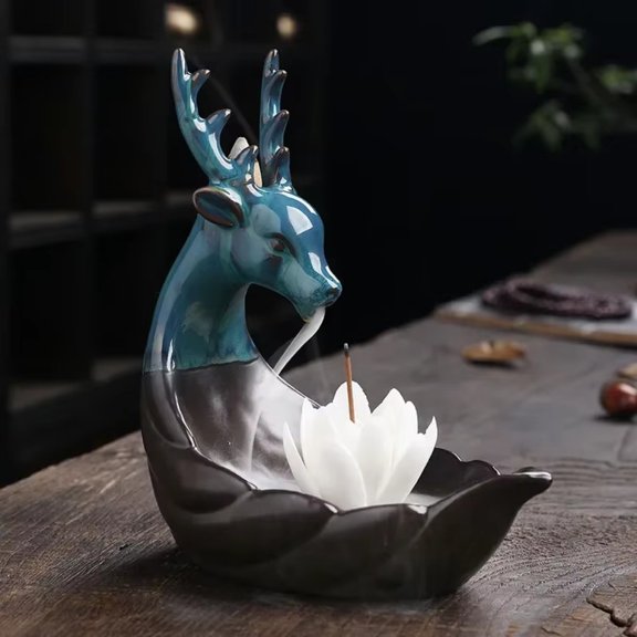 1pc Cute Deer Ceramic Lotus Incense Holder, Lucky Mascot & Aromatherapy Decor (Without Incense)