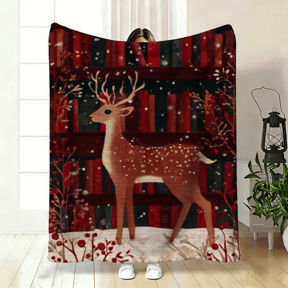 1pc Cute Deer Print Flannel Blanket- Soft and Warm Sofa Blanket, Suitable Office, Bed, Camping, Travel, All-Season Multi-Functional Blanket, Travel Blanket, Camping Blanket.