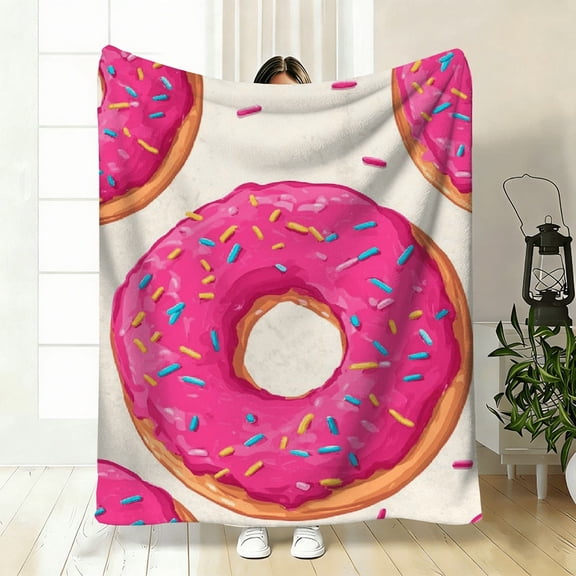1pc Cute Donut Print Blanket Pink Frosted Sprinkles Drizzle Design, Soft Flannel All-Season Cozy Throw for Bed, Sofa, Travel Camping - Party Accessory, Machine Washable Donut-Shaped Bedspread