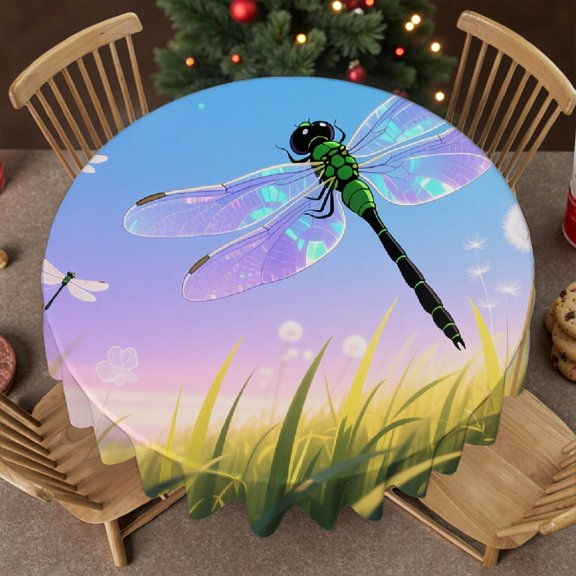 1pc Cute Dragonfly Print Family Round Tablecloth, Machine-Made Kitchen Accessories, Cute Dragonfly