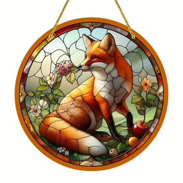 1pc, Cute Fox Decoration Dyed Hanging Suncatcher (8''x8'') Round Acrylic Sign, Beautiful Fox Wreath Sign, Suitable For Home Room Cafe Bedroom Restaurant Bar Outdoor Wall Door And Window Decoration,