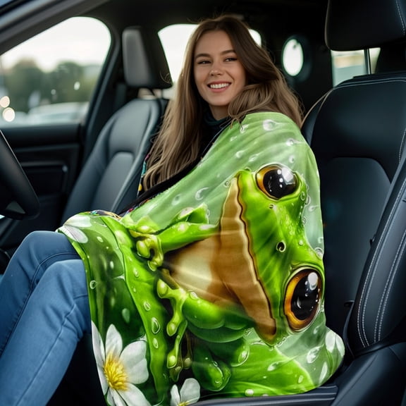 1pc Cute Green Frog & Lily Pad Flannel Blanket Soft Warm Lightweight Throw with White Daisies & Raindrop Foliage Print All Season Bedspread Room Sofa Travel Camping (Green White Yellow)