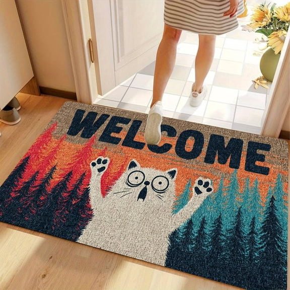 1pc Cute Kitten Carpet Mat with Paw Print & Kitty Face - Soft Indoor/Outdoor Door Mat Suitable for Porch, Bathroom, Kitchen - Machine-Washable Adorable Cat