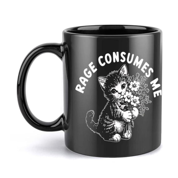 1pc Cute Kitten Floral Coffee Mug Black Cup with Rage Consumes Me Text 11oz Ceramic Cup Hot Drinks Funny Office Desk Decor or Birthday Lovers Ready to Use Design Humorous Drinkware