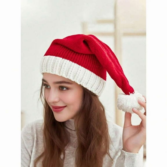 1pc Cute Knitted Santa Claus Hat With Pom Pom - Christmas Gift And Party Decor Halloween