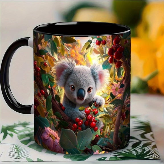 1pc Cute Koala Coffee Mug Double Sided Ceramic Cup with Koala Berry Forest Design Black Interior Durable Ceramic Construction Hand Wash Only