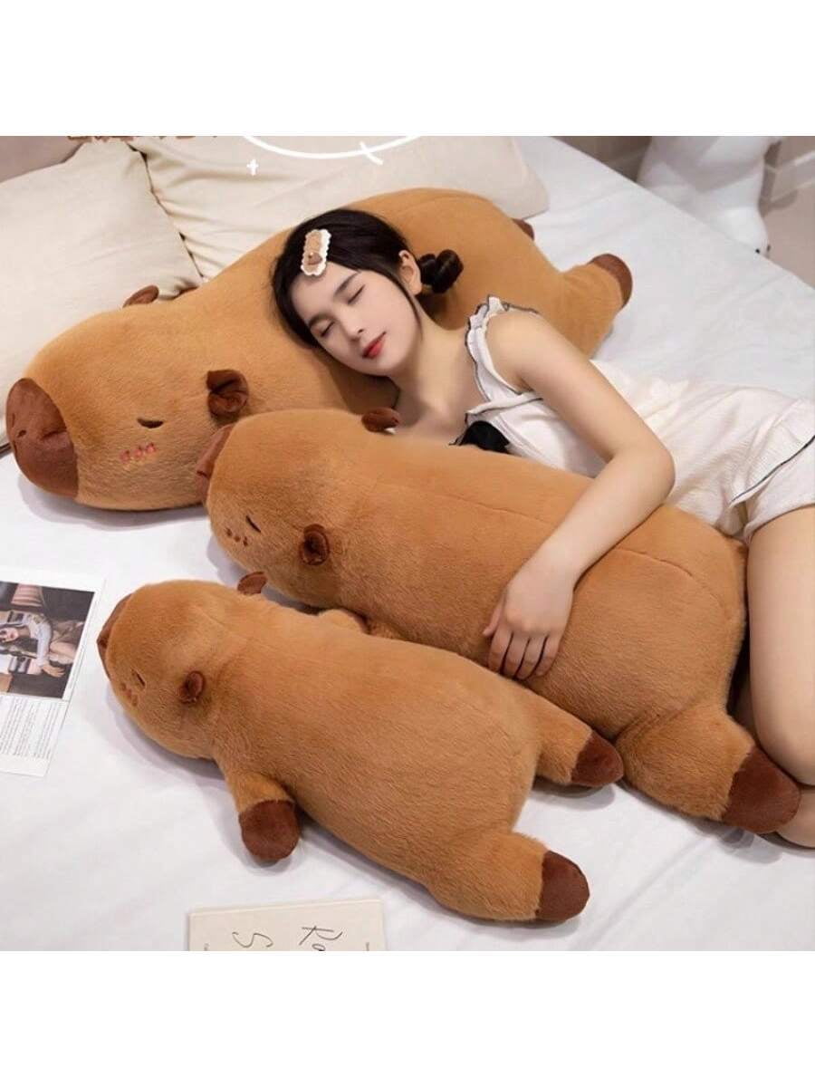 1pc Cute Lying Brown Capybara Plush Pillow, Hugging Pillow For Women & Kids, Sleeping Companion Bolster Pillow, Soft Stuffed Animal Doll, Bedroom Decor, Birthday Gift