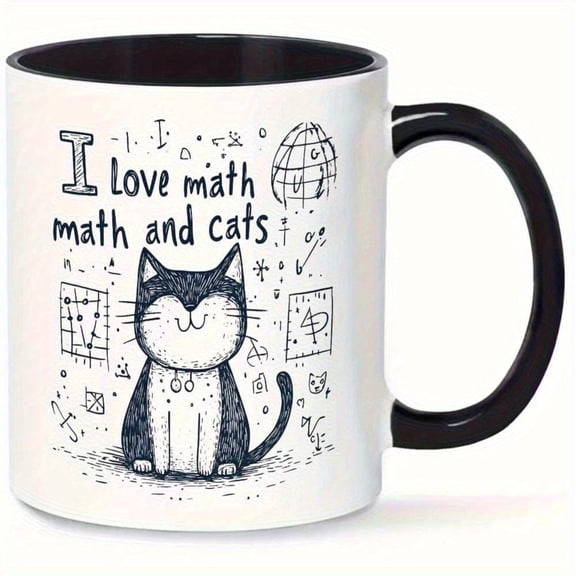 1pc Cute Math Teacher Mug I Love Math and Cats Coffee Cup with Black Handle Funny Mathematicians Students Ladies Gents White Ceramic Cup Home Office Classroom Use Office Drinkware