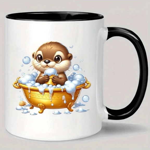 1pc Cute Otter in Golden Tub Ceramic Mug 11oz Insulated Coffee Tea Cup with Bubble Bath Otter Design White Dark Brown Handle Reusable Travel Home Office s Hand Wash Only