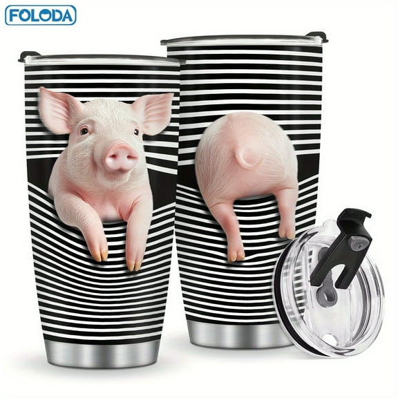 1pc Cute Pig Tumbler Gift for Pigs Lovers, Pigs Tumbler Stainless Steel 20oz with Lid Coffee Car Cup Traver Mug, Animal Striped Cup On Graduation Christmas Birthday Best Gift