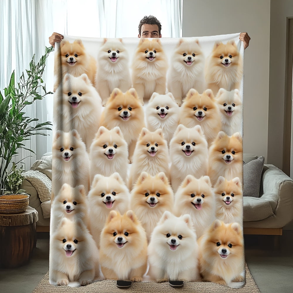 1pc Cute Pomeranian Dog Blanket Cozy Flannel Bedspread with Adorable Pomeranian Puppy Pattern Soft Warm Throw Suitable for All Seasons Perfect for Office Reception & Pet Lovers