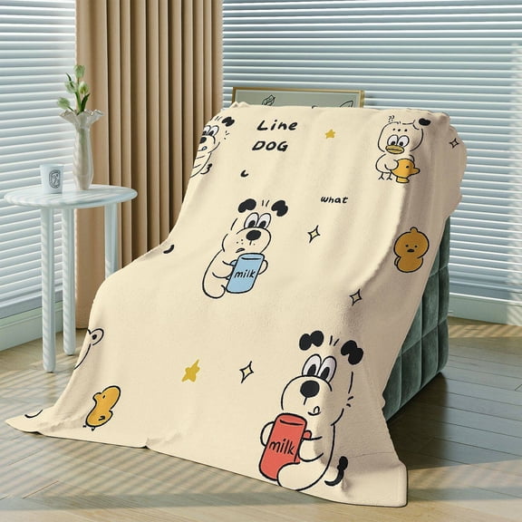 1pc Cute Puppy & Milk Bone Flannel Blanket - Beige & with Black Line Art Puppies, Milk Cartons & Bones - Soft Warm All-Season Bedspread for Sofa, Bed, Travel - Ideal Gift for,, Dog Lovers (Little Dog