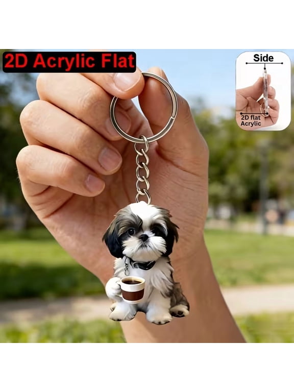 1pc Cute Shih Tzu Holding Coffee 2D Flat Acrylic Keychain, Multi-Functional Key Ring for Car Keys & Backpack Decoration