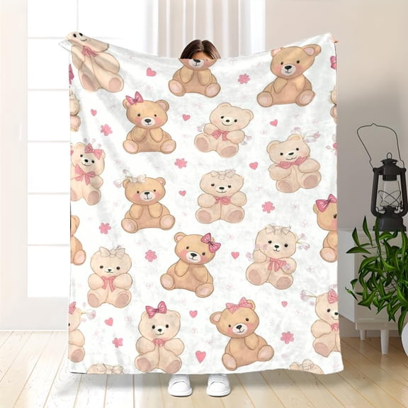 1pc Cute Teddy Plush Bedspread & Sofa Throw | Soft Pink, White, Beige with Bears, Cozy All-Season, Durable Flannel, Machine Washable, Polyester, Non- Fabric, Flat Net Printing