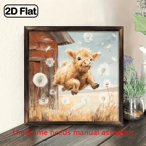 1pc Cute Watercolor Baby Highland Cow Jumping Art Print Dandelion Farm Animal Wall Decor for Nursery Kids Room Bedroom Living Room Farmhouse Decor Gift for Animal Lovers Family Friends Kids