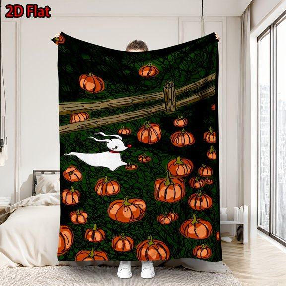 1pc Cute White Dog Running in a Pumpkin Patch Illustration Style Large Blanket, Comfortable, Soft, and Warm Bed Sheet, Multiple Sizes Available, Multi-purpose Comfortable and Soft Blanket for Office,