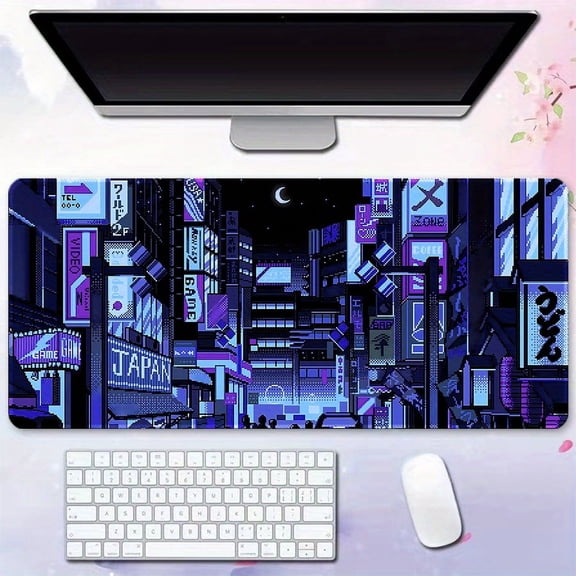 1pc Cyberpunk Style Gaming Mouse Pad, Japanese Building Extended Large Mouse Mat Big Mousepad, Keyboard Stitched Edges Big Mousepad For Computer Pc Laptop, 31.5×11.8inch