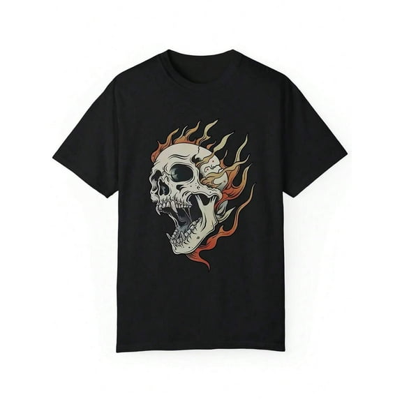 1pc DERNM Men's Summer T-Shirt - 100% Cotton Crew Neck Short Sleeve Top With Skull Flame Design, Casual Knit Fabric Fashion Tee For Men, Round Neck Graphic Print Tops