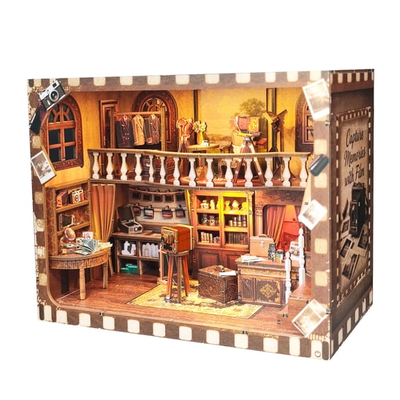 1pc DIY Miniature House Kit for Adults & Teens, Japanese Street Shop Scene Bookshelf Insert Decor with LED, 3D Wooden Puzzle Gift for Book Lovers (Nostalgic Photo Studio)