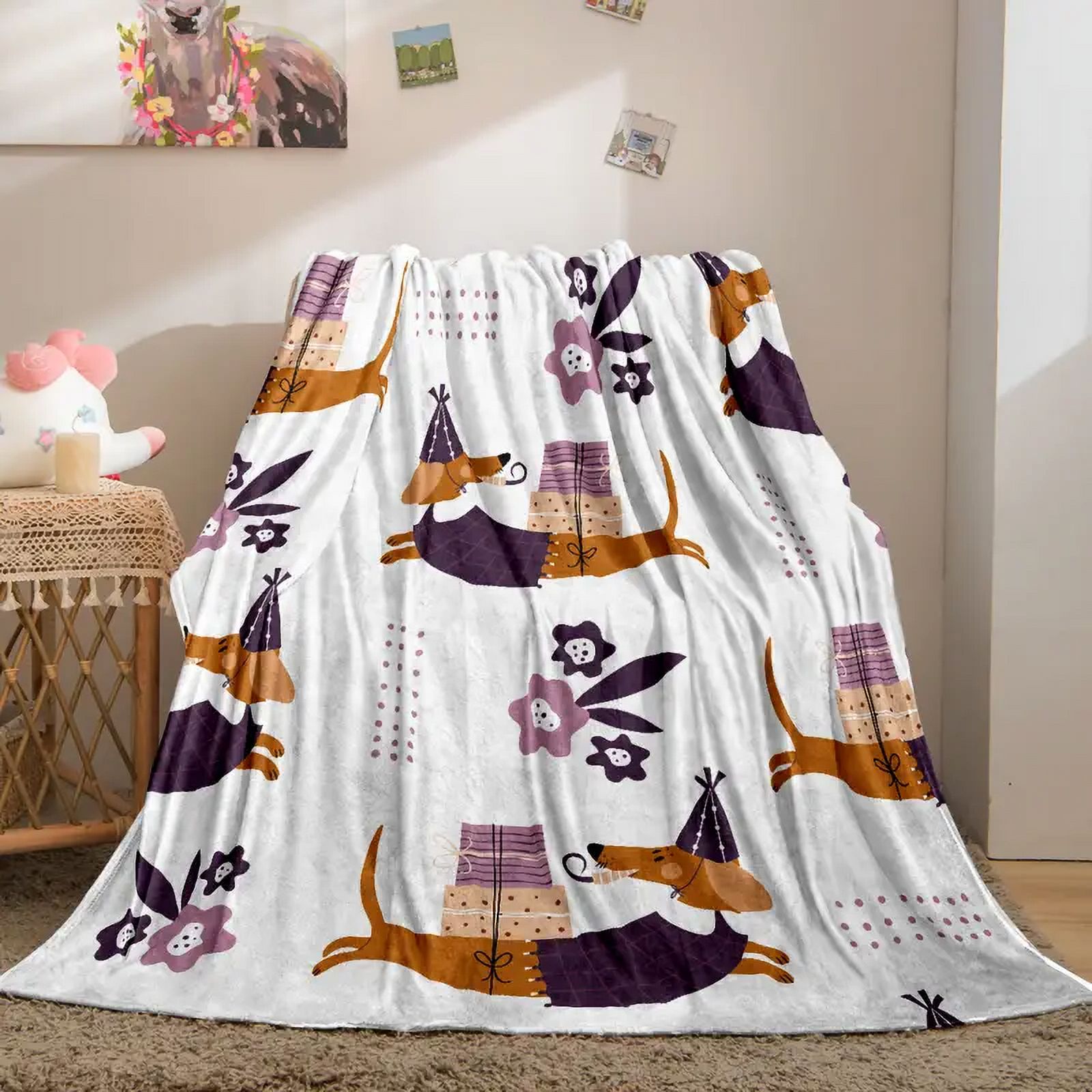 1pc Dachshund Blanket Cartoon Print Throw Blanket Soft Flannel Bedding