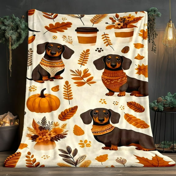 1pc Dachshund Dogs in Fall Leaves & Pumpkins Blanket - Soft Lightweight Flannel Throw for Couch, Bed, Camping - Autumn Home Decor - Perfect Gift for Dog Lovers - All-Season Cozy Decorative Accent, Be
