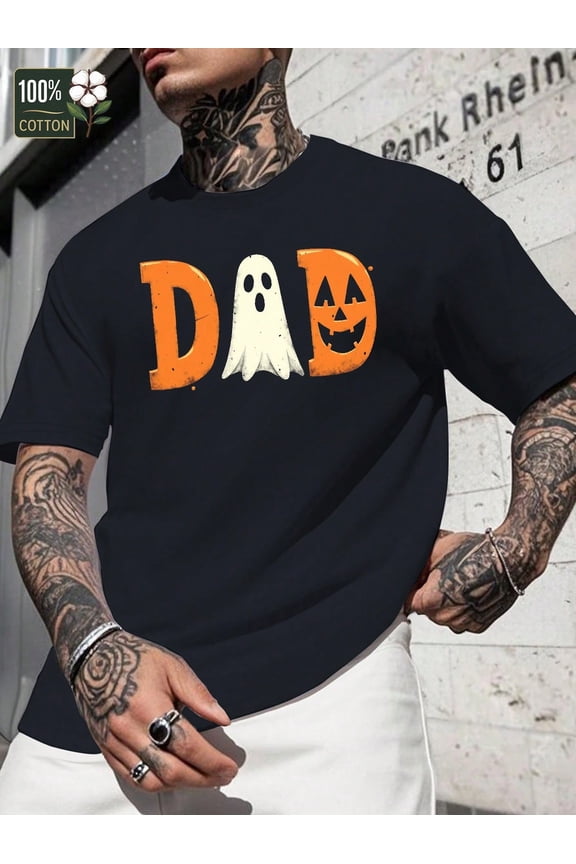 1pc Dad Ghost Pumpkin Halloween Casual Crew Neck T-Shirt For Men's, Comfortable Fit Graphic Tees, Suitable For All Seasons, Daily Wear Clothes, School Wear, Street Wear Tops