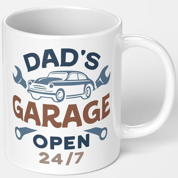 1pc Dad s Garage Mug Vintage Garage Design Coffee Cup with Classic Car Wrenches Dad s Garage Open 24 7 Text White Ceramic Cup with Blue Brown Accents Father s Day Birthday Mechanic