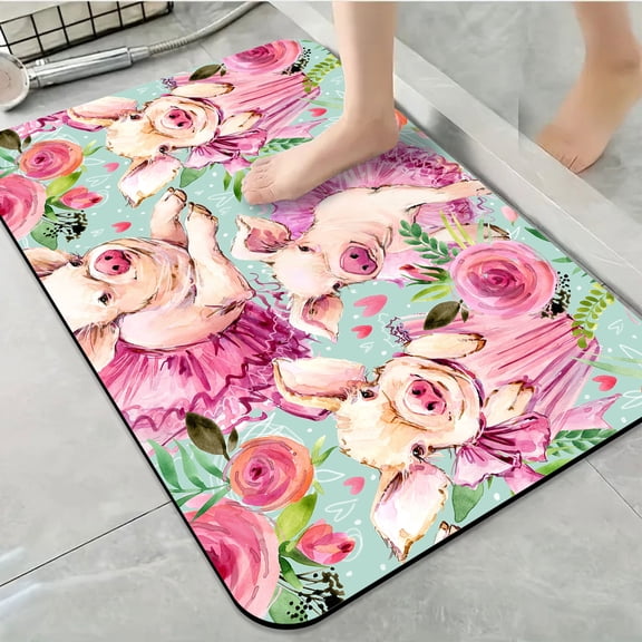 1pc Dancing Pigs with Roses Bathroom Rug Bathroom Decor and Accessories- Durable,Anti Slip,And Quick Drying,Suitable For Indoor/outdoor Use - Perfect For Bathrooms,Bedrooms,Kitchens