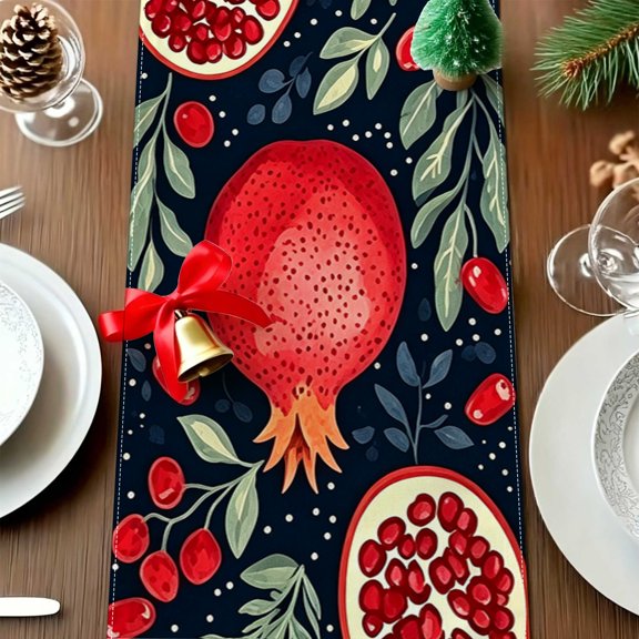 1pc Dark Background Red Pomegranate Fruit Botanical Table Runner, Rosh Hashanah Home Photoshoot Decor, Housewarming Holiday Gift Thanksgiving Christmas