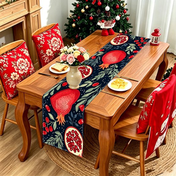 1pc Dark Background Red Pomegranate Fruit Botanical Table Runner, Rosh Hashanah Home Photoshoot Decor, Housewarming Holiday Gift Thanksgiving Christmas