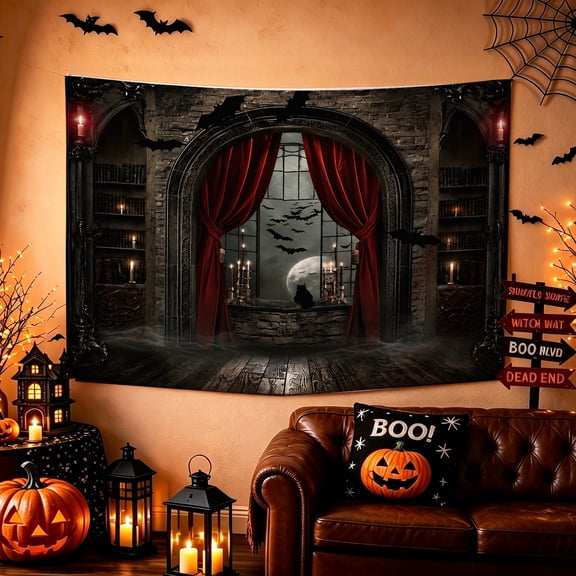 1pc Dark Gothic Arched Window Castle Halloween Tapestry 74x72/80x72/86x72 inch Halloween Gothic Spooky Wall Decor