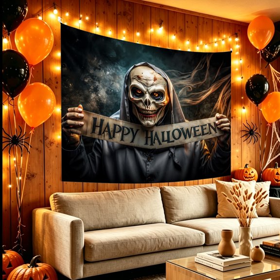 1pc Dark Gothic Grim Reaper Happy Halloween Print Tapestry 74x72/80x72/86x72 inch Halloween Gothic Spooky Wall Decor