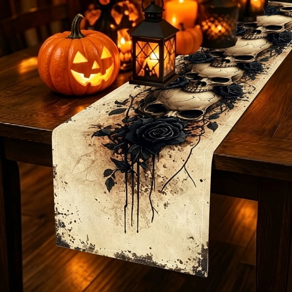 1pc Dark Realistic Stacked Skull Rose 2D Printed Table Runner, Polyester Halloween Table Decor (13x48/13x70/13x108 inch)